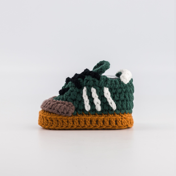 Gum Court Olive — handmade crochet baby shoes